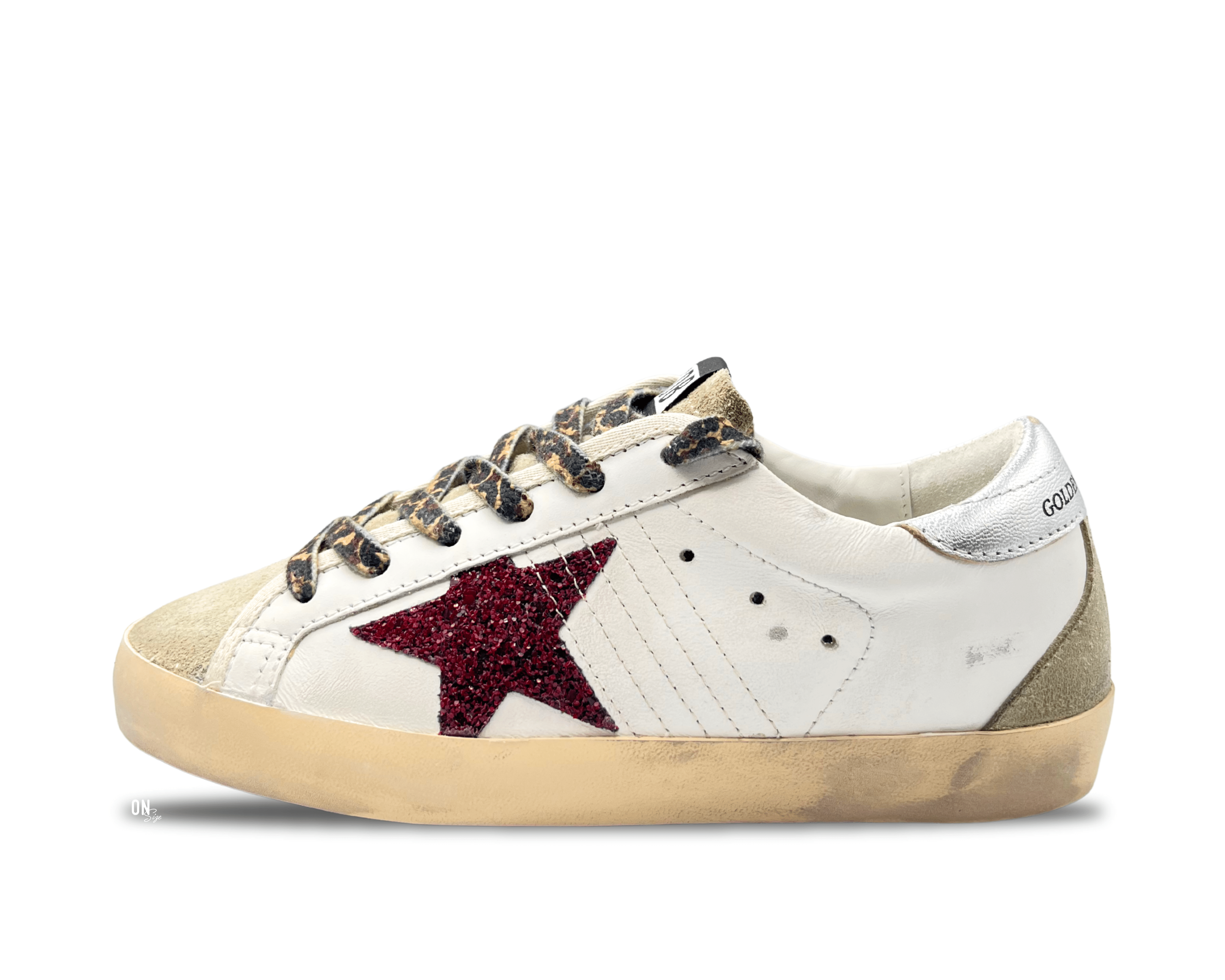 Golden Goose Super-Star White Silver Burgundy Glitter Star - OnSize
